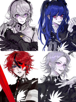 2boys 2girls absurdres amemiya_darumi aotsuki_eito armor black_bow black_hair black_hairband black_jacket black_sailor_collar black_serafuku black_streaks blue_eyes blue_hair bodysuit bow chinese_commentary collage commentary_request facial_mark gakuran glasses glint gloves grey_hair hair_bow hairband heart heart_facial_mark highres jacket kirifuji_nozomi last_defense_academy_school_uniform long_hair looking_at_viewer makeup multicolored_hair multiple_boys multiple_girls pink_eyes purple_eyes ranfang_jinzhi red_hair roots_(hair) runny_makeup sailor_collar school_uniform serafuku short_hair simple_background sketch streaked_hair sumino_takumi the_hundred_line_-last_defense_academy- twintails white_background white_bodysuit white_gloves
