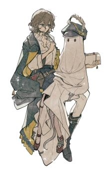 Rule 34 | 2girls, belt, belt pouch, black boots, black shorts, black vest, boots, brown belt, brown hair, cape, full body, ghost costume, green cape, green eyes, green hat, hand up, hat, hat feather, headwear switch, highres, holding, holding notebook, holding quill, invisible chair, looking at another, multiple girls, newsboy cap, notebook, open clothes, open vest, pantyhose, poltergeist (reverse:1999), pouch, quill, recoleta (reverse:1999), red shoes, reverse:1999, sheet ghost, shirt, shoes, short hair, shorts, sitting, sitting on lap, sitting on person, tentacles, vest, white pantyhose, white shirt, yayaho