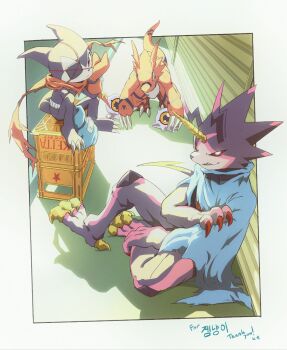 Rule 34 | black scales, black sclera, blue cloak, blue gloves, border, cloak, colored sclera, demon boy, digimon, digimon (creature), dinosaur, dragon, fewer digits, gloves, group picture, guilmon, guilmon x-antibody, gulusgammamon, highres, horns, impmon, impmon x-antibody, kubota keita, kuramon, red gloves, red scales, second-party source, single horn, sitting, white border