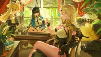 3girls animal_ear_fluff animal_ears asymmetrical_gloves black_gloves black_hair black_thighhighs blonde_hair board_game breasts chessboard cleavage closed_mouth commentary crossed_legs cup curtains daniel_deng elbow_gloves english_commentary fingerless_gloves fox_ears fox_girl gloves go_(board_game) green_eyes grey_hair highres holding holding_cup holding_go_stone holding_teapot hoshimi_miyabi indoors japanese_clothes ju_fufu large_breasts long_hair looking_at_viewer multiple_girls necktie pan_yinhu plant potted_plant red_eyes single_thighhigh sitting smile teacup teapot thighhighs tiger_ears tiger_girl uneven_gloves yixuan_(zenless_zone_zero) zenless_zone_zero