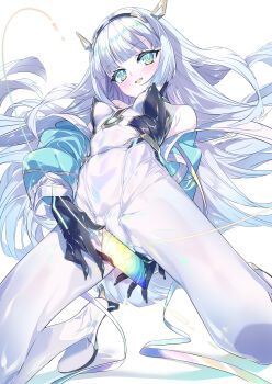 1girl absurdres bare_shoulders blue_eyes bodysuit breasts card covered_erect_nipples eudie_(shadowverse) highres holding holding_card kneeling long_hair niko_(tama) shadowverse small_breasts solo white_bodysuit white_hair