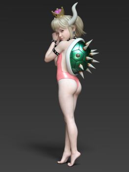 1girl 3d ass barefoot blonde_hair bowsette crown feet female_focus from_behind highres horns kneeling leotard looking_back mario_(series) nintendo shell solo spikes tagme turtle_shell