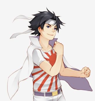 1boy bare_arms belt black_hair clenched_hands closed_mouth collarbone collared_jacket commentary english_commentary gakuran grey_belt hand_up headband highres jacket jacket_on_shoulders male_focus nose open_clothes open_jacket pants print_shirt purple_eyes rising_sun_flag school_uniform shirt short_hair short_sleeves simple_background smile sogiita_gunha solo spiked_hair sunburst toaru_majutsu_no_index two-tone_shirt upper_body v-shaped_eyebrows vilatile white_background white_headband white_jacket white_pants white_shirt