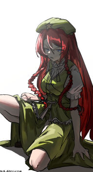 Rule 34 | 1girl, absurdres, artist name, beret, blue eyes, braid, breasts, chinese commentary, commentary request, dated, green hat, green skirt, green vest, hat, hat ornament, highres, hong meiling, long hair, looking at viewer, mixed-language commentary, on one knee, one-hour drawing challenge, puffy short sleeves, puffy sleeves, red hair, shadow, shirt, short sleeves, skirt, solo, star (symbol), star hat ornament, touhou, twin braids, ve1024, very long hair, vest, white shirt