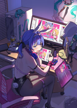 1girl absurdres animal_ears aqua_eyes aqua_hair arm_strap black_leotard chair computer computer_keyboard desk drawing_tablet fake_animal_ears figure hair_ornament hatsune_miku highres holding holding_stylus holding_tablet_pc indoors kagamine_len kagamine_rin lamp leotard linsuan_er_qing_an long_hair monitor nintendo_switch pink_pupils playboy_bunny poster_(object) rabbit_hole_(vocaloid) sitting solo stylus swivel_chair tablet_pc thigh_strap twintails vocaloid window_blinds x_hair_ornament