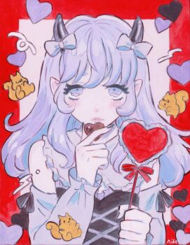 Rule 34 | 1girl, bare shoulders, black corset, black horns, black nails, border, bow, candy, colored skin, corset, cross-laced clothes, cross-laced corset, detached sleeves, eyelashes, flat chest, food, grey eyes, grey hair, grey sleeves, hand up, heart, heart background, holding, holding candy, holding food, holding heart, holding lollipop, horn bow, horn ornament, horns, lollipop, long hair, long sleeves, nail polish, nishikawa nika, original, outside border, parted lips, pink lips, pointy ears, red border, see-through collar, sidelocks, small horns, solo, squiggle, squirrel, straight-on, swept bangs, upper body, upturned eyes, white background, white bow, white skin