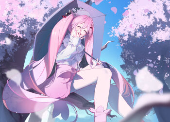 1girl absurdres branch cherry_blossoms cherry_hair_ornament closed_eyes commentary day falling_petals feet_out_of_frame fingernails food-themed_hair_ornament grey_hat hair_between_eyes hair_ornament hat hatsune_miku highres holding holding_umbrella long_hair long_sleeves mooruck4 nail_polish official_alternate_costume official_alternate_hairstyle open_mouth outdoors petals pink_hair pink_nails pink_petals pink_skirt pink_socks sakura_miku sakura_miku_(rella) shirt shoes sitting sitting_on_branch skirt smile socks solo twintails umbrella very_long_hair vocaloid white_shirt