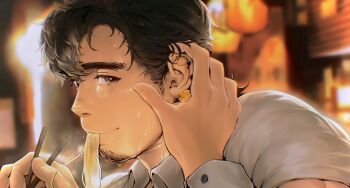 Rule 34 | 1boy, bara, black hair, blush, earrings, eating, facial hair, food, goatee, hand on another's head, highres, isuke, jewelry, looking at viewer, male focus, noodles, original, playing with another's hair, pov, pov adoring, pov hands, ramen, revision, sideburns stubble, solo focus, stubble, sweat, thick eyebrows, twitter banner, wiping sweat