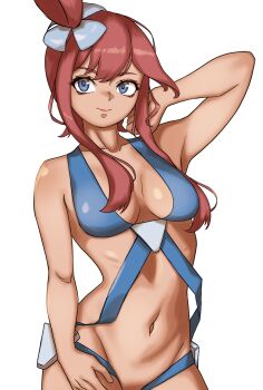 1girl arctic_merrow3 bare_shoulders blue_eyes breasts dark-skinned_female dark_skin lips medium_breasts naked_suspenders nintendo pokemon pokemon_bw red_hair skyla_(pokemon) suspenders white_background