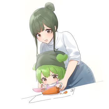 2girls apron brown_eyes carrot chibi grey_hair hair_bun headscarf highres holding holding_knife knife multiple_girls nankawa_rota sweater touhoku_zunko turtleneck turtleneck_sweater voiceroid voicevox white_background zundamon