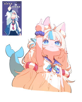 absurdres ahoge animal_ear_fluff animal_ears blonde_hair blue_eyes blue_hair blue_streaks cat_ears commentary dress fins fish_girl fish_tail gawr_gura highres hololive hololive_english indie_virtual_youtuber lifebuoy_hair_ornament long_hair looking_at_viewer low_twintails middle_finger multicolored_hair one_side_up sameko_saba sameko_saba_(1st_costume) streaked_hair symbol-only_commentary tail twintails very_long_hair virtual_youtuber white_background white_dress wonbin_lee