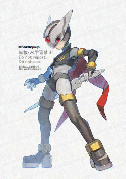 1boy armor black_armor black_helmet full_body helmet hidden_phantom_(mega_man) kunai mega_man_(series) mega_man_zero_(series) ninja red_eyes red_scarf scarf solo standing watermark weapon yamanashi_taiki