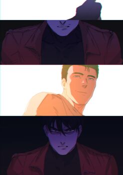 2boys batman batman_(series) black_cape black_hair blue_eyes bodysuit bruce_wayne cape dc_comics father_and_son highres jason_todd long_sleeves male_focus mask multiple_boys muscular muscular_male parent_and_child red_hood_(dc) shirt short_hair superhero_costume tako_jirou