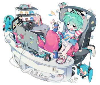 1boy :d animal_ears backpack bag beanie blush_stickers breast_mousepad can chair character_sticker chibikemo commentary computer computer_mouse confessions_of_a_rotten_girl_(vocaloid) dilnyan03 dirty dirty_clothes display_case dog_ears doko_demo_issyo drink_can drinking_straw earflap_beanie english_commentary figure full_body gloomy_bear half-closed_eyes hat hatsune_miku highres holding holding_can inoue_toro internet_explorer kagamine_len kagamine_rin kaito_(vocaloid) knee_up legs_up male_focus megurine_luka meiko_(vocaloid) monitor mousepad_(object) nose_bubble open_mouth original otaku_room pants paper pepsi pink_bag pink_pants pom_pom_(clothes) pom_pom_beanie power_strip single_blush_sticker sitting smile soda_can solo sticker sticky_note stuffed_animal stuffed_toy swivel_chair v white_background