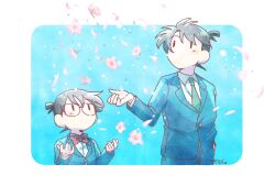 Rule 34 | 2boys, black eyes, blazer, blue suit, bow, bowtie, collared shirt, commentary, cropped legs, dual persona, edogawa conan, falling petals, flower, formal, glasses, hand in pocket, highres, jacket, kudou shin&#039;ichi, looking up, maimai4510822, meitantei conan, multiple boys, necktie, no mouth, petals, red bow, red bowtie, school uniform, shirt, suit, symbol-only commentary, teitan high school uniform, | |
