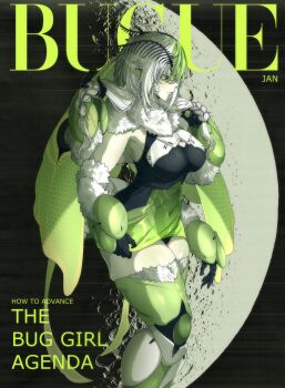 1girl absurdres antennae arthropod_girl black_leotard black_sclera braid breasts colored_sclera colored_skin cover curvy extra_arms green_eyes highres indie_virtual_youtuber insect_girl insect_wings juniper_(artist) juniper_actias large_breasts leotard long_hair magazine_cover monster_girl moon moth_antennae moth_girl moth_hair_ornament moth_wings pale_skin see-through_clothes standing thick_thighs thighhighs thighs twin_braids virtual_youtuber white_hair wings