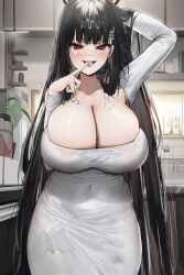 Rule 34 | 1girl, absurdres, alternate costume, black hair, black halo, blue archive, blunt bangs, breasts, collarbone, commentary request, covered navel, dress, hair ornament, hairclip, halo, highres, huge breasts, indoors, long hair, long sleeves, looking at viewer, open mouth, poharo, red eyes, rio (blue archive), solo, tongue, tongue out, white dress