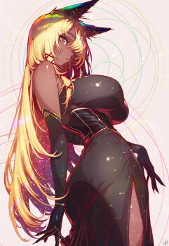 1girl absurdres animal_ear_fluff animal_ears ass bare_shoulders black_corset black_dress black_gloves blonde_hair breasts colored_inner_hair commission corset dark-skinned_female dark_skin dress elbow_gloves eyelashes from_below from_side gloves grey_eyes hair_ornament hair_over_one_eye hair_over_shoulder hairclip highres impossible_clothes large_breasts lips long_hair looking_at_viewer looking_down momoyama_tits multicolored_hair narrow_waist original side_slit sidelocks simple_background skeb_commission sleeveless sleeveless_dress solo standing thighs very_long_hair