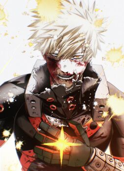 Rule 34 | 1boy, 9 a zq, absurdres, bakugou katsuki, blonde hair, blood, blood on face, boku no hero academia, commentary, explosion, gloves, hair between eyes, highres, looking at viewer, male focus, short hair, simple background, solo, spiked hair, superhero costume, symbol-only commentary, toned, toned male, upper body, white background