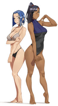 2girls absurdres asymmetrical_hair bare_arms bare_legs bare_shoulders barefoot black_hair black_leotard black_panties blue_hair blue_leotard bra breasts choker commentary dark-skinned_female dark_skin feet full_body hair_ornament hairclip halter_leotard halterneck heel_up high_ponytail highleg highleg_leotard highres holding_own_arm large_breasts leotard looking_at_viewer multicolored_leotard multiple_girls original panties parted_lips ponytail short_hair simple_background skindentation standing tbocart toes two-tone_leotard underwear underwear_only white_background white_bra yellow_eyes