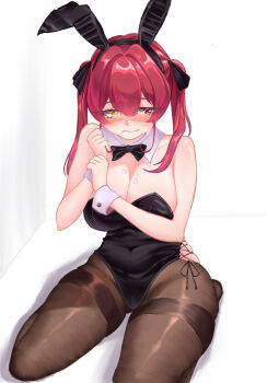 1girl alternate_costume animal_ears black_leotard black_pantyhose blush breasts cleavage closed_mouth collar commentary_request detached_collar fake_animal_ears fang heterochromia highres hololive houshou_marine large_breasts leotard long_hair looking_at_viewer pantyhose rabbit_ears red_eyes red_hair rorol_reime skin_fang solo strapless strapless_leotard twintails virtual_youtuber white_collar white_wrist_cuffs wrist_cuffs yellow_eyes