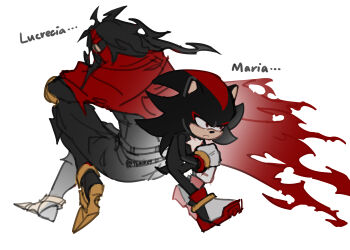 2boys 96min69 armored_boots back-to-back black_hair black_pantyhose black_shirt boots clawed_gauntlets cloak dirge_of_cerberus:_final_fantasy_vii final_fantasy final_fantasy_vii frown furrowed_brow furry furry_male gloves headband hedgehog_boy highres hugging_own_legs long_hair lucrecia_crescent male_focus maria_robotnik messy_hair multiple_boys pantyhose red_cloak red_headband shadow_the_hedgehog shirt sonic_(series) torn_clothes vincent_valentine white_background white_gloves