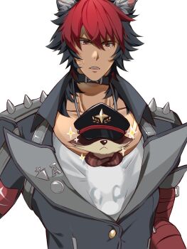 1boy animal_ears bandaged_arm bandages black_choker black_hair choker collarbone commentary_request dog_boy dog_ears highres kamanosuke_(zenless_zone_zero) komano_manato male_focus multicolored_hair red_bandage red_eyes red_hair scar scar_on_face shirt take_eokiba white_shirt zenless_zone_zero