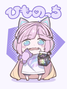 1girl :d animal_ear_headphones animal_ears anyoji_hime anyoji_hime_(summer_loungewear) blonde_hair blue_eyes blunt_bangs blush blush_stickers cat_ear_headphones cat_ears chibi chibi_only commentary_request cosplay doma_umaru drink_carton drinking_straw drinking_straw_in_mouth fake_animal_ears gradient_hair hair_intakes handheld_game_console headphones highres himouto!_umaru-chan holding holding_handheld_game_console holding_milk_carton kirisaki_nuko komaru_(himouto!_umaru-chan) komaru_(himouto!_umaru-chan)_(cosplay) link!_like!_love_live! long_hair looking_at_viewer love_live! milk_carton multicolored_hair official_alternate_costume open_mouth pink_hair shirt shorts sidelocks smile solo standing swept_bangs trait_connection very_long_hair virtual_youtuber wavy_mouth white_shirt