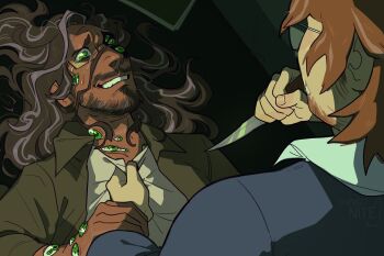 beard black_hair crying crying_with_eyes_open dark-skinned_male dark_skin design_speculation extra_eyes facial_hair fingernails frown_lines green_eyes grey_hair grin highres holding holding_knife imminent_murder indigonite jonathan_sims knife long_hair lying male_focus martin_blackwood multicolored_hair multiple_boys nose on_back sad scar scar_on_face scar_on_neck scene_reference shirt smile spoilers tears the_magnus_archives two-tone_hair white_shirt