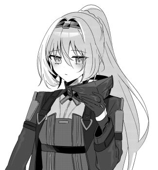 1girl alva_(girls'_frontline_2) an-94_(girls'_frontline) black_gloves black_hairband girls'_frontline girls'_frontline_2:_exilium gloves greyscale hair_intakes hairband highres holding holding_mask korean_commentary lemonisblue long_hair long_sleeves mask metal_mask monochrome mouth_mask ponytail simple_background solo tactical_clothes upper_body white_background