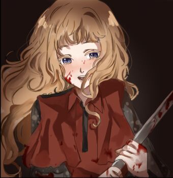 1girl blood blood_on_face commentary dress english_commentary eyelashes gnosia hair_between_eyes knife kukrushka_(gnosia) long_hair long_sleeves looking_at_viewer simple_background smile solo upper_body user_etjm8884 wavy_hair