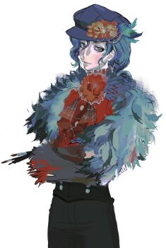 1boy black_hair black_hat black_pants cibomatto030 crossed_arms edgar_valden edgar_valden_(multicolor_printing) feather_boa flower hat highres holding holding_paintbrush identity_v paintbrush pants red_flower red_shirt shirt shoulder_boards silk solo spider_web white_background