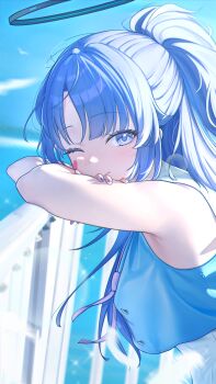 1girl absurdres against_railing alternate_costume bare_arms bare_shoulders blue_archive blush breasts closed_mouth commentary_request crop_top day from_side head_rest highres kamory long_hair looking_at_viewer one_eye_closed outdoors ponytail purple_nails railing sleeveless smile solo upper_body yuuka_(blue_archive)