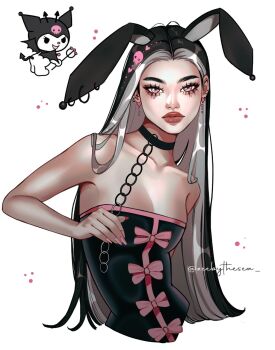 1girl aegyo_sal animal_ear_piercing animal_ears asian black_choker black_hair black_tube_top bow breasts brown_lips chain choker cleavage closed_mouth colored_inner_hair cropped_torso ear_piercing earrings fake_animal_ears fashion fingernails forehead hair_behind_ear heart heart_earrings highres holding holding_chain humanization jewelry kuromi long_fingernails looking_at_viewer medium_breasts mole mole_under_each_eye mole_under_eye multicolored_hair multiple_moles nail_polish original parted_bangs piercing pink_eyes pink_nails pink_trim rabbit_ears reference_inset sanrio shirt_bow straight_hair strapless thick_eyebrows thick_lips tube_top twitter_username two-tone_hair upper_body white_background white_hair zeebythesea