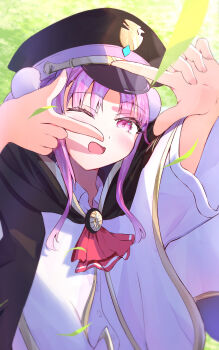1girl ;d absurdres ascot black_cape black_hat blush bun_cover cape commentary day double_bun eyelashes eyes_visible_through_hair falling_leaves finger_frame hair_between_eyes hair_bun hat heaven_burns_red highres kunimi_tama leaf long_hair long_sleeves looking_at_viewer one_eye_closed open_mouth outdoors peaked_cap pink_hair red_ascot shadow shaketamago shirt sidelocks smile solo sunlight upper_body white_shirt wide_sleeves