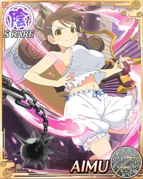 1girl aimu_(senran_kagura) aura ball_and_chain_(weapon) bloomers border bow_(weapon) breasts brown_eyes brown_hair camisole card_(medium) character_name closed_mouth crossbow curled_ends curly_hair fighting game_cg hair_ornament hairclip holding holding_crossbow holding_weapon large_breasts looking_at_viewer low_twintails navel official_art senran_kagura senran_kagura_new_wave sideboob smile solo swept_bangs tube twintails underwear weapon white_bloomers white_camisole