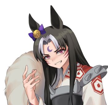 1girl animal_ears armor black_hair bow commentary_request cosplay crescent crescent_facial_mark ear_bow eyeliner facial_mark forehead_mark fukuro_(maruaru00) genderswap genderswap_(mtf) grey_hair grin hair_intakes head_tilt highres horse_ears horse_girl inuyasha japanese_clothes kikkoumon kimono looking_at_viewer makeup multicolored_hair original personification purple_bow red_eyeliner sesshoumaru sesshoumaru_(cosplay) shoulder_spikes sidelocks simple_background smile solo spiked_armor spikes stay_gold_(racehorse) two-tone_hair umamusume white_background white_kimono