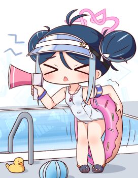 >_< 1girl ball bare_shoulders beachball black_footwear blue_archive blue_hair blue_hat blush breasts chibi closed_eyes covered_navel crocs double_bun facing_viewer fubuki_(blue_archive) fubuki_(swimsuit)_(blue_archive) hair_between_eyes hair_bun halo hana_kazari hat heart highres holding holding_megaphone innertube leaning_forward megaphone multicolored_hair old_school_swimsuit open_mouth pool poolside rubber_duck school_swimsuit small_breasts solo standing streaked_hair swim_ring swimsuit trembling visor_cap water whistle whistle_around_neck white_background