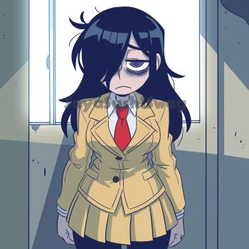 Rule 34 | 1girl, @ @, alternate breast size (larger), artist name, bags under eyes, black eyes, blazer, breasts, clenched hands, closed mouth, collared shirt, commentary, cowboy shot, dress shirt, english commentary, frown, hair over one eye, highres, jacket, kuroki tomoko, long hair, long sleeves, looking at viewer, medium breasts, messy hair, miniskirt, necktie, pantyhose, pleated skirt, red necktie, sayasushiswag, school uniform, shirt, signature, skirt, smile, solo, standing, swept bangs, twitter username, upturned eyes, watashi ga motenai no wa dou kangaetemo omaera ga warui!, white background, white shirt, yellow jacket, yellow skirt