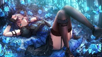 absurdres aki_kakao black_dress black_hair black_shoes black_sleeves black_thighhighs blue_butterfly blue_dress blue_eyes blue_flower blue_ribbon blue_theme breasts bug butterfly commentary_request dress flower frilled_wristband garter_straps hair_flower hair_ornament highres insect layered_dress lying medium_breasts miyamai_moca neck_ribbon on_back puffy_short_sleeves puffy_sleeves ribbon shoes short_hair short_sleeves single_sleeve thighhighs thighs voicepeak