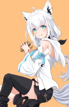 1girl absurdres ahoge animal_ear_fluff animal_ear_piercing animal_ears aqua_eyes aqua_trim black_boots black_shorts black_thighhighs blush boots braid burger closed_mouth commentary_request detached_sleeves food food_on_face fox_ears fox_girl fox_tail hair_between_eyes highres holding holding_burger holding_food hololive lingmu long_hair long_sleeves looking_at_viewer orange_background shirakami_fubuki shirakami_fubuki_(1st_costume) shirt short_shorts shorts side_braid simple_background single_thighhigh smile solo tail thighhighs tongue tongue_out virtual_youtuber white_hair white_shirt wide_sleeves