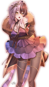 1girl absurdres alternate_costume black_dress black_hair black_jacket black_pantyhose dress fang frilled_dress frills fur-trimmed_jacket fur_trim highres hololive hololive_english jacket looking_at_viewer maka_aratame medium_hair multicolored_hair open_mouth pantyhose shiori_novella skin_fang solo split-color_hair tongue tongue_out virtual_youtuber white_hair yellow_eyes