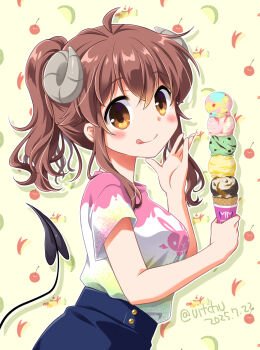 Rule 34 | 1girl, :p, ahoge, animal print, blue skirt, blush, brown hair, cowboy shot, curled horns, dated, demon girl, demon horns, demon tail, food, food print, from side, fruit background, fruit print, hair between eyes, holding, holding ice cream cone, horns, ice cream, ice cream cone, long hair, long sidelocks, looking at viewer, machikado mazoku, multicolored shirt, multiple scoops, orange eyes, ponytail, rabbit print, shirt, sidelocks, skirt, solo, t-shirt, tail, takano ui, tongue, tongue out, too many, too many scoops, twitter username, yoshida yuuko