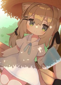 Rule 34 | 1girl, 1other, absurdres, animal ear fluff, animal ears, anmitsu46, bench, black ribbon, blue ribbon, blush, bow, brown hair, cat ears, cat girl, cat tail, closed mouth, collared dress, dappled sunlight, day, dress, food, grass, green eyes, hair between eyes, hair intakes, hair ornament, hair ribbon, hairclip, hat, highres, holding, holding food, holding popsicle, kipfel (vrchat), long hair, looking at viewer, low twintails, neck ribbon, on bench, outdoors, park bench, popsicle, pov, ribbon, shade, short sleeves, sitting, smile, solo, solo focus, straw hat, sun hat, sunlight, tail, tree, twintails, vrchat, white dress