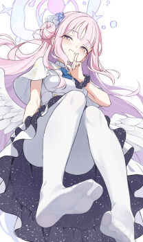 1girl absurdres angel_wings black_scrunchie blue_archive blue_bow blush bow buttons capelet closed_mouth commentary_request crescent double-breasted dress feathered_wings feet flower hair_bun hair_flower hair_ornament halo highres index_finger_raised long_hair looking_at_viewer low_wings mika_(blue_archive) nashi_(nashipple1) open_mouth pantyhose pink_halo scrunchie simple_background single_hair_bun single_side_bun smile solo spread_toes toes very_long_hair white_background white_capelet white_dress white_pantyhose white_wings wings wrist_scrunchie yellow_eyes