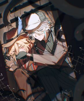 2boys alhaitham_(genshin_impact) appleboneeee black_gloves blonde_hair blurry blurry_foreground braid brown_coat brown_gloves brown_hat brown_pants brown_vest chain-link_fence chinese_commentary chromatic_aberration coat commentary_request covering_another's_mouth deerstalker detective fedora fence genshin_impact gloves green_eyes grey_coat grey_hair grey_hat grey_pants grey_vest gun hair_between_eyes half_gloves hand_up handgun hat hat_feather highres holding holding_gun holding_weapon hoyofair kaveh_(genshin_impact) lapels long_hair long_sleeves looking_at_viewer male_focus multicolored_hair multiple_boys necktie pants parted_lips pinstripe_pants pinstripe_pattern red_eyes red_necktie shadow sitting sweatdrop v-shaped_eyebrows vest weapon