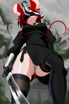 1girl 2b_(nier:automata) 2b_(nier:automata)_(cosplay) ahoge animal_ear_fluff animal_ears antenna_hair ass black_dress black_gloves black_hair black_streaks blindfold breasts cameltoe clarkekitsp cleavage cleavage_cutout clothing_cutout corrupted_twitter_file cosplay double-parted_bangs dress flipped_hair from_below frown gloves hair_between_eyes hakos_baelz hashtag-only_commentary highres holding holding_sword holding_weapon hololive hololive_english juliet_sleeves large_breasts long_sleeves looking_down mouse_ears mouse_tail multicolored_hair official_alternate_hairstyle overgrown panties pantyshot puffy_sleeves red_hair ruins short_hair side_slit skindentation standing sword tail thighhighs thighs underboob underwear virtual_youtuber weapon white_hair white_panties
