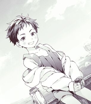 1boy 3ji cloud cup holding holding_cup looking_at_viewer loose_clothes male_focus original outdoors oversized_jacket shorts shota sitting smile tank_top