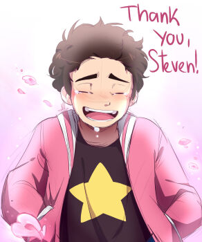 1boy :d anah_41 animification black_shirt blush brown_hair closed_eyes commentary crying curly_hair english_commentary english_text hands_in_pockets highres jacket male_focus open_clothes open_jacket open_mouth petals pink_jacket print_shirt shirt short_hair sketch smile solo star_(symbol) star_print steven_quartz_universe steven_universe thank_you thick_eyebrows upper_body