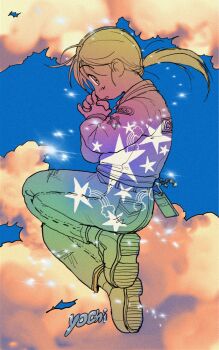 1girl artist_name cellphone cellphone_charm character_request charm_(object) check_character cloud denim flip_phone full_body highres jacket jeans kagaya_(oshiriudon) long_hair long_sleeves looking_back looking_to_the_side low_ponytail original own_hands_clasped own_hands_together pants phone ponytail rainbow_gradient shoes sky sneakers solo star_(symbol)